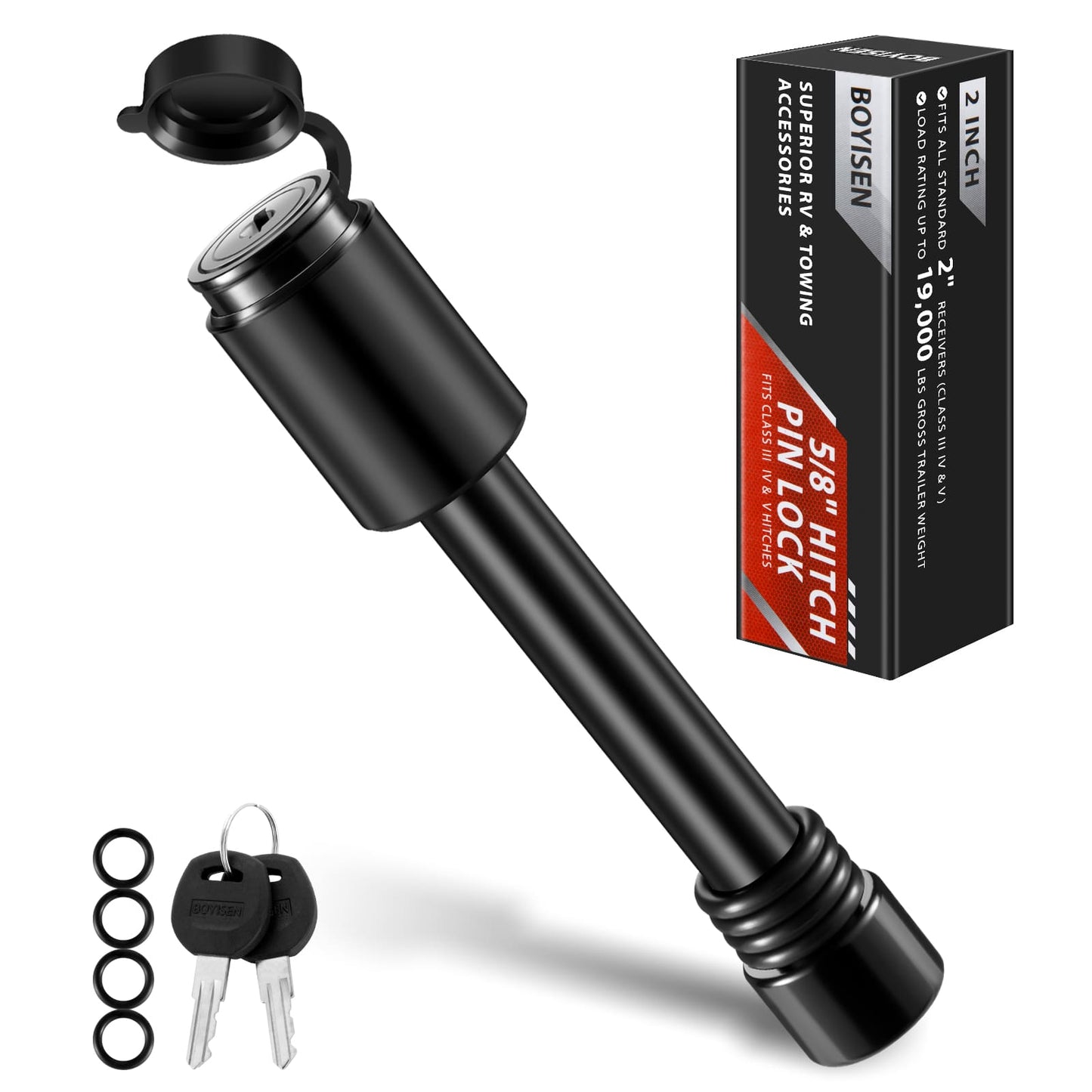 BOYISEN Trailer Hitch Pin Lock - Locking Hitch Pin with 5/8" Pin for Class III/IV/V 2&2.5" Hitches, Hitch Lock Pin with O-Rings for RVs Trailer Truck Car Boat Bike, Weatherproof Anti-Theft