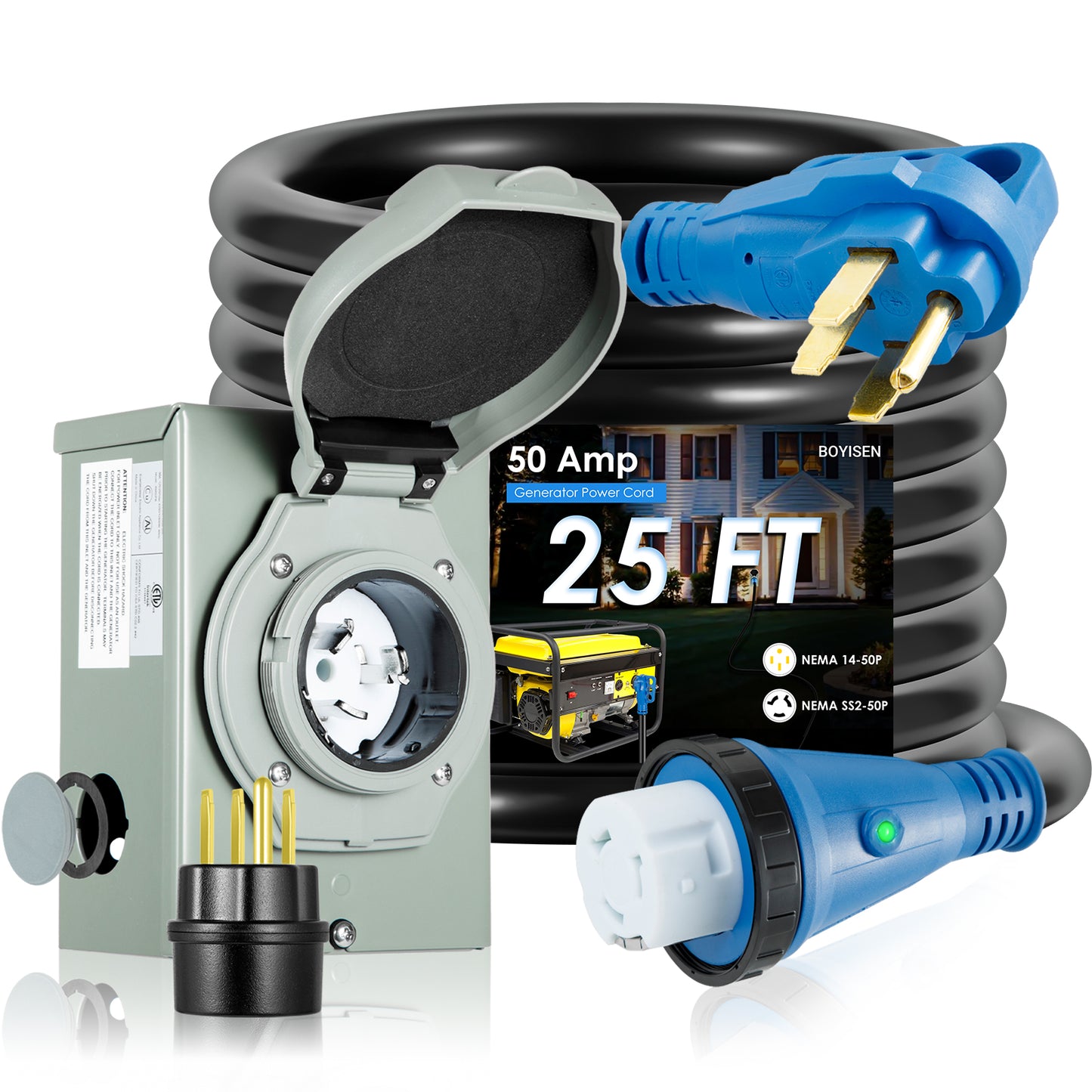 BOYISEN 50 Amp Generator Inlet Box and Generator Power Cord, ETL Listed Generator Inlet Box 50 Amp Kit, Pre-Drilled NEMA SS2-50P 50 Amp Generator Inlet Box with NEMA 14-50P / SS2-50R Cord