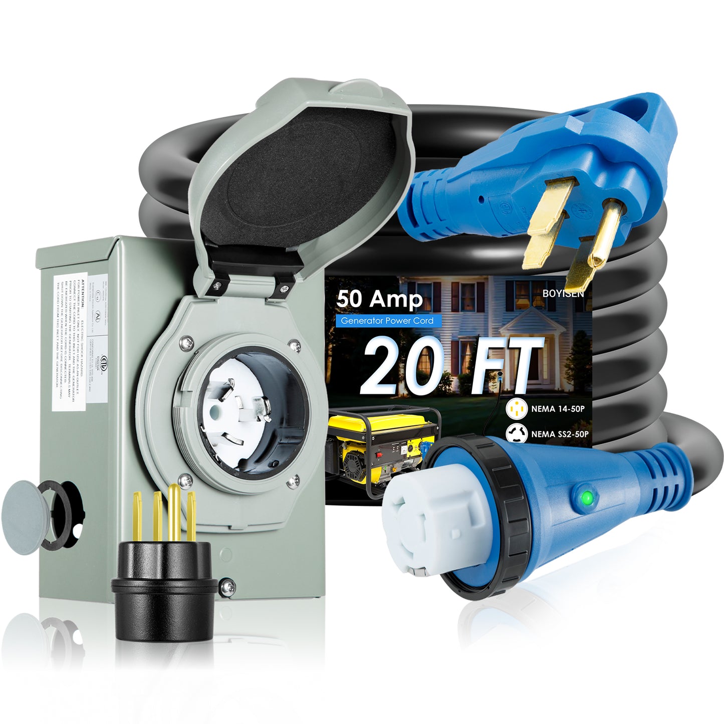 BOYISEN 50 Amp Generator Inlet Box and Generator Power Cord, ETL Listed Generator Inlet Box 50 Amp Kit, Pre-Drilled NEMA SS2-50P 50 Amp Generator Inlet Box with NEMA 14-50P / SS2-50R Cord