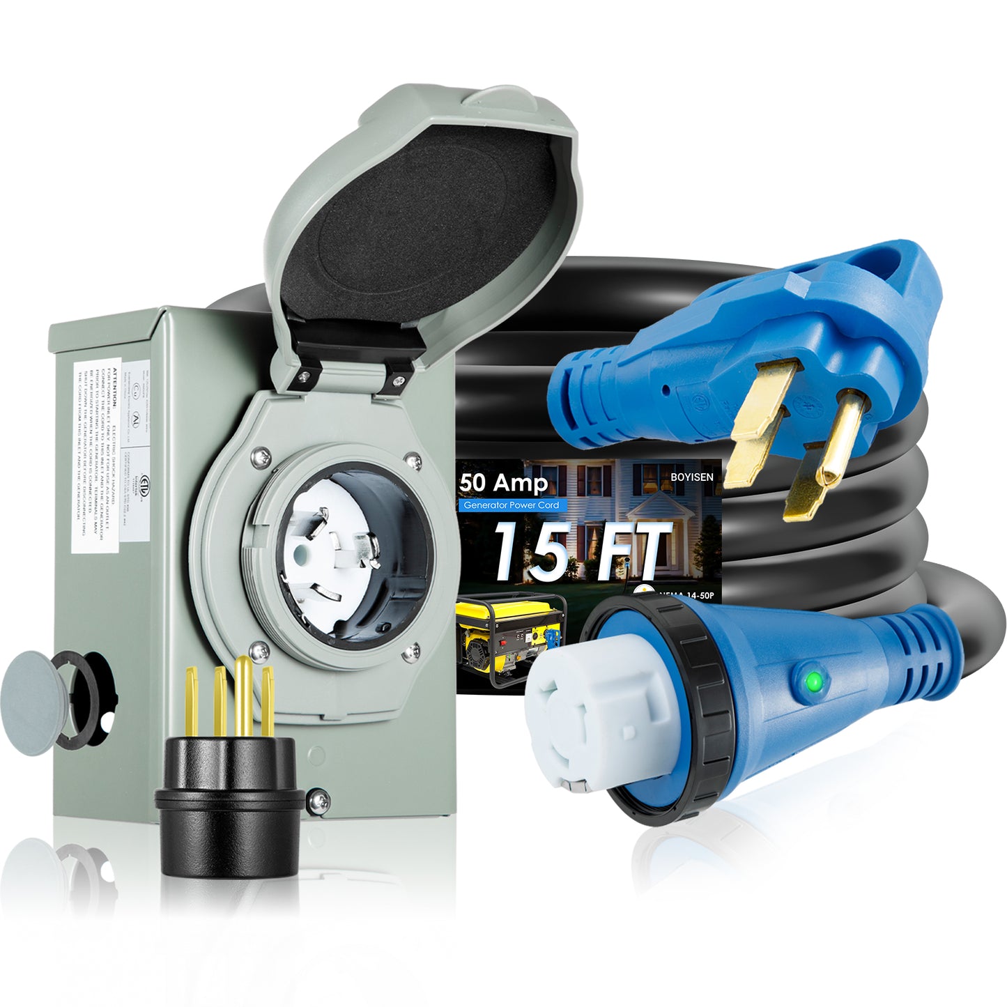 BOYISEN 50 Amp Generator Inlet Box and Generator Power Cord, ETL Listed Generator Inlet Box 50 Amp Kit, Pre-Drilled NEMA SS2-50P 50 Amp Generator Inlet Box with NEMA 14-50P / SS2-50R Cord