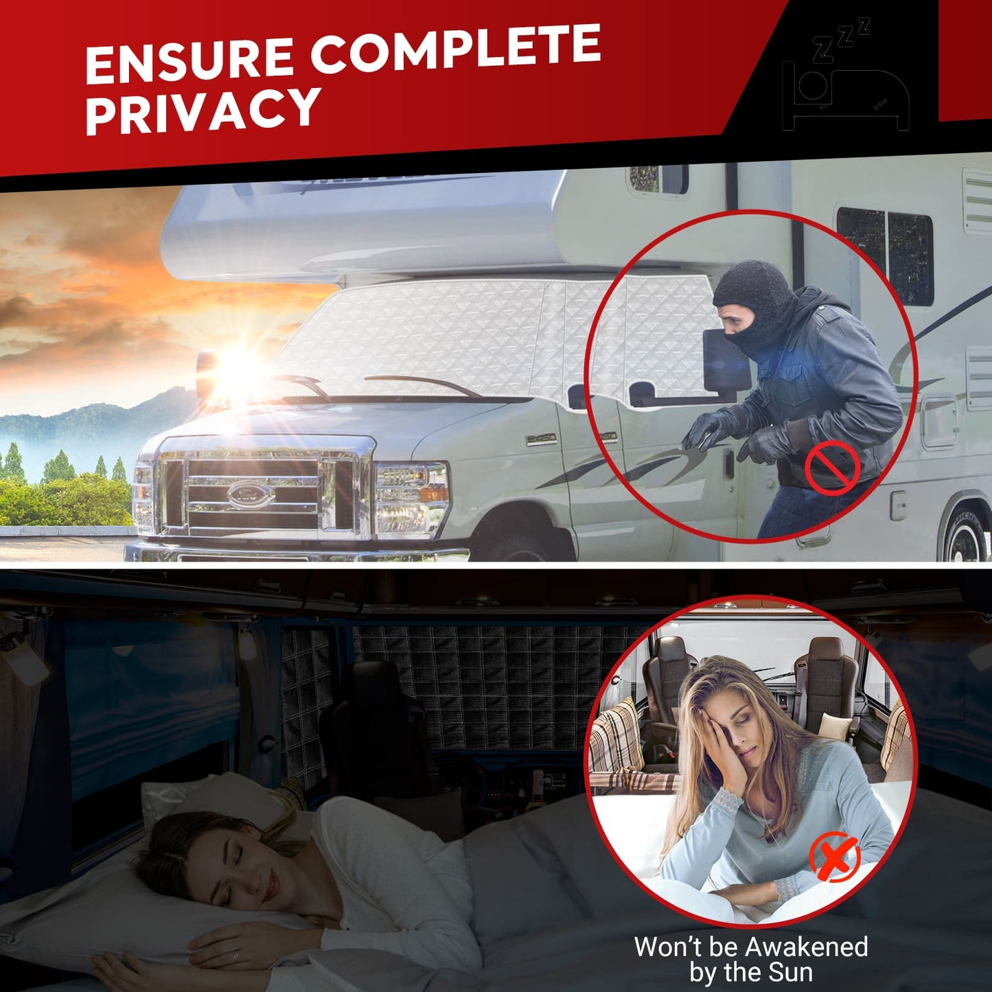 BOYISEN RV Windshield Sunshade Cover, RV Front Window Cover Compatible with Class C Ford 1997-2025 Motorhome, UV Protection & Privacy Shield, RV Windshield Shade 4 Layers with Mirror Cutouts