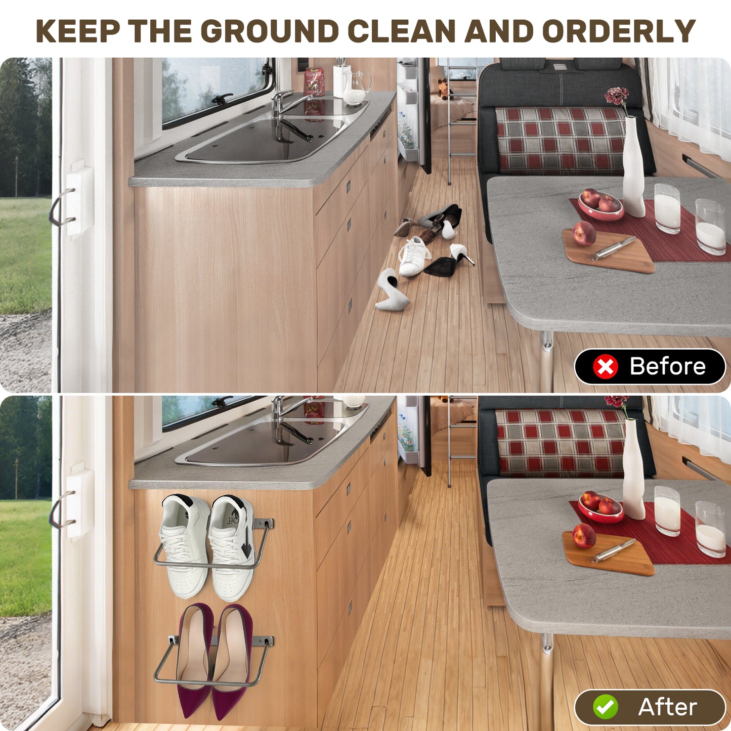 BOYISEN RV Shoe Storage, Foldable Save Space Camper Shoe Rack, Wall Mounted Shoe Holder for RV, 12" Aluminum Travel Trailers Organizer Accessories for Various Shoes