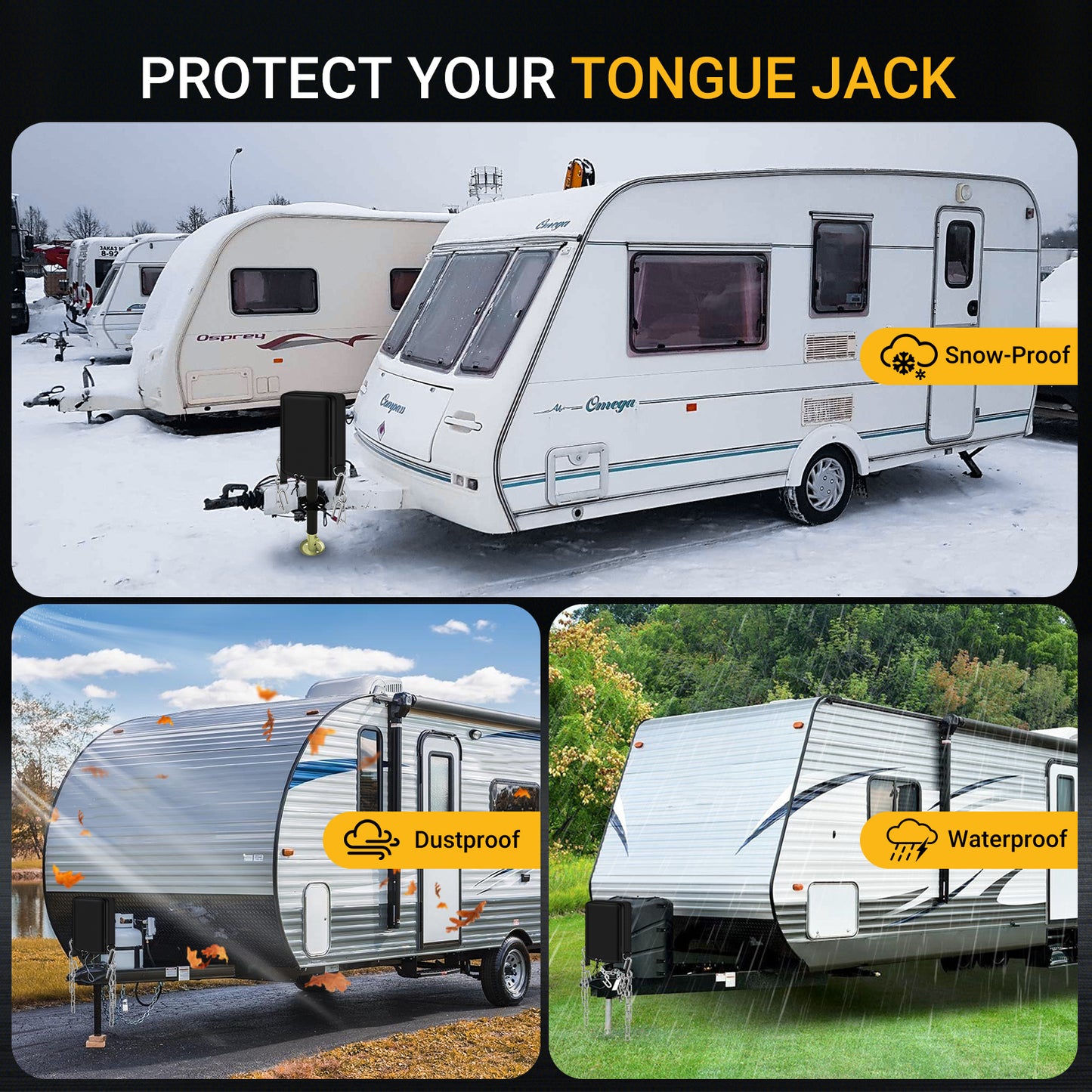 BOYISEN RV Jack Cover, 900D Oxford Fabric Waterproof Electric Tongue Jack Cover for Travel Trailer, Camper Accessories for Outside Protection