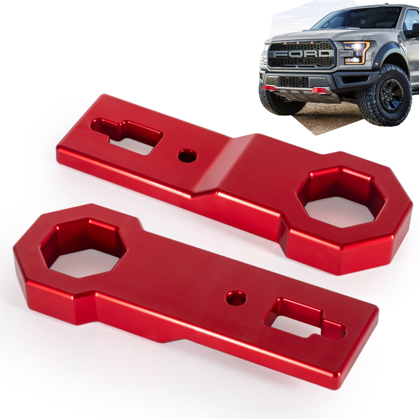 2-Piece Red Front Tow Hooks With Mounting Brackets – Fits Ford Raptor 2015-2025