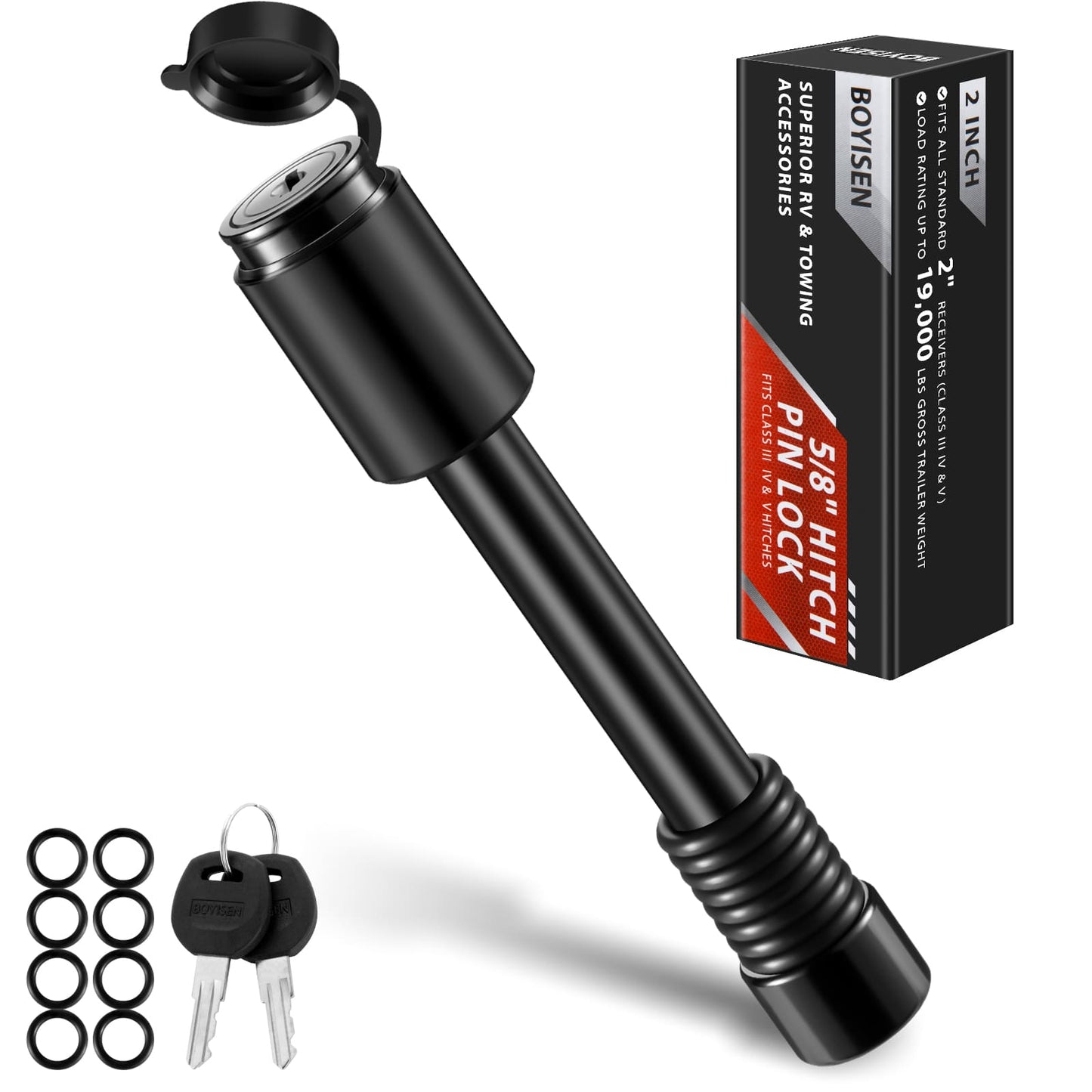 BOYISEN Trailer Hitch Pin Lock - Locking Hitch Pin with 5/8" Pin for Class III/IV/V 3" Hitches, Hitch Lock Pin with O-Rings for RVs Trailer Truck Car Boat Bike, Weatherproof Anti-Theft