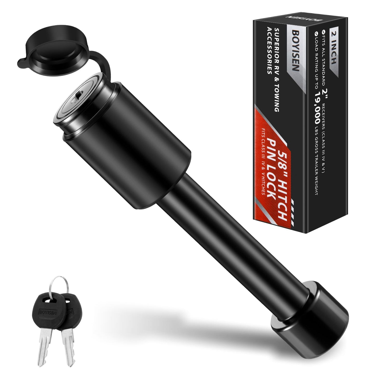 BOYISEN Trailer Hitch Pin Lock - Locking Hitch Pin with 5/8" Pin for Class III/IV/V 2" Hitches, Receiver Hitch Lock Pin with 2 Keys for RVs Trailer Truck Car Boat, Weatherproof Anti-Theft
