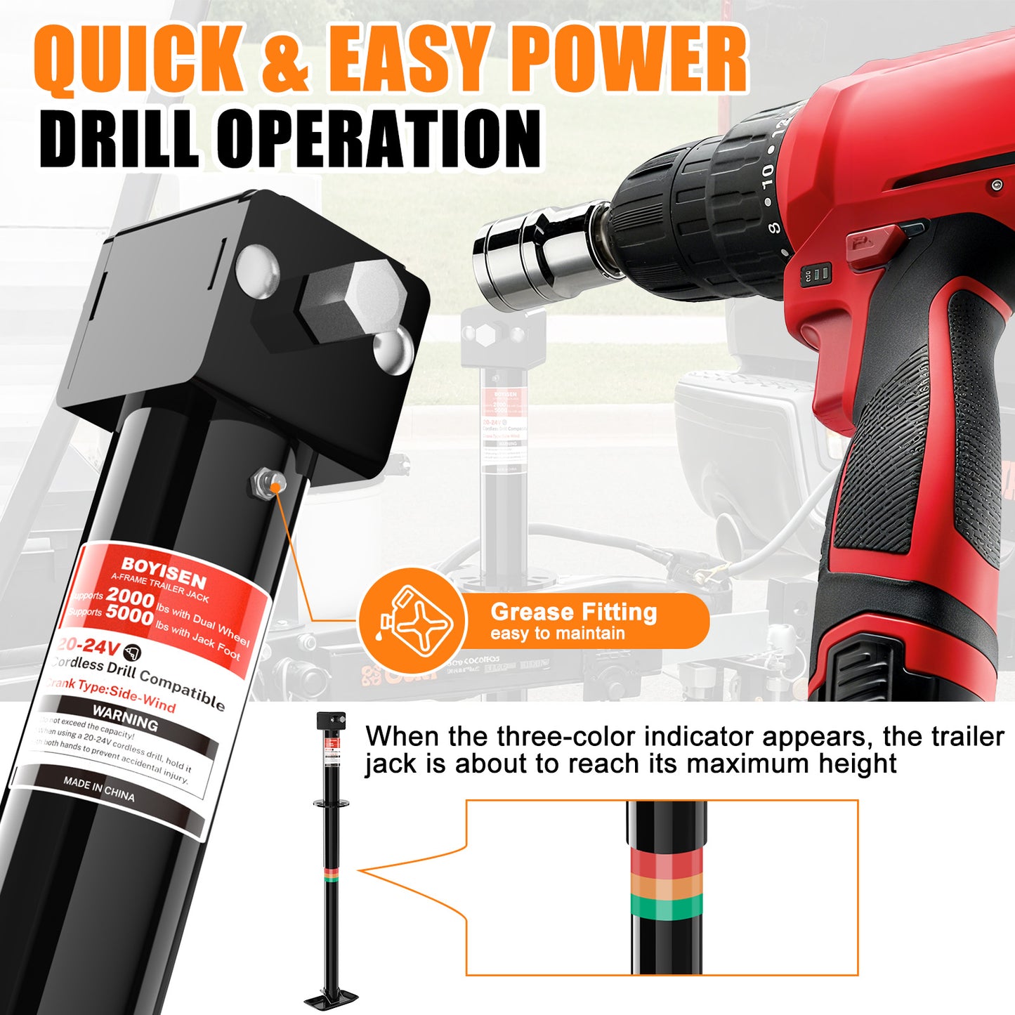 Upgraded 2-in-1 A-Frame Trailer Jack, Switch Between 5000lbs Foot Plate & 2000 lbs Dual-Wheel, 20-24V Cordless Drill Compatible, 14" Lift, Heavy-Duty Trailer Jack for RV, Utility, Boat